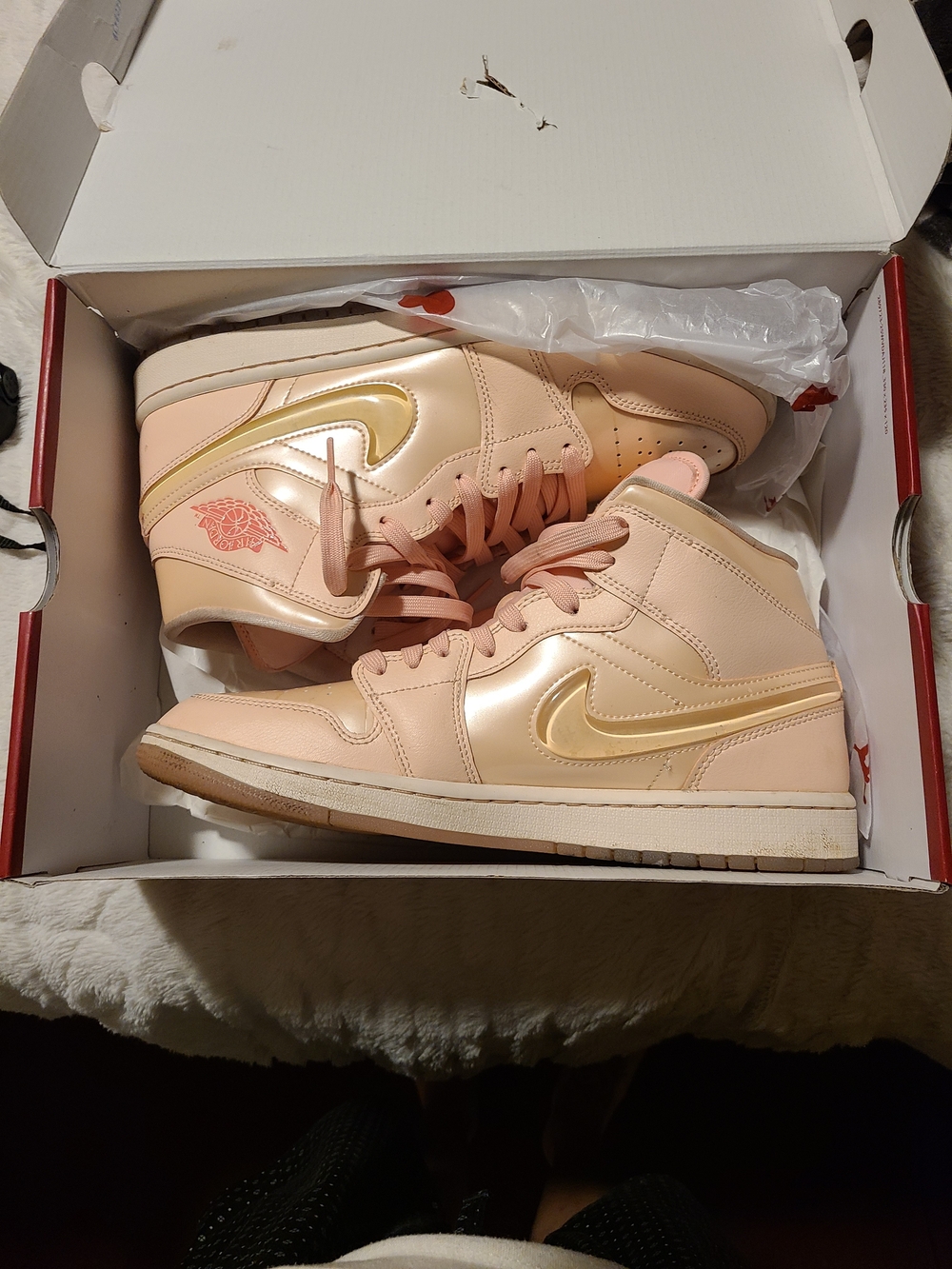 Jordan Women's High-Top Sneakers in Pale Pink with Metallic Gold Swoosh